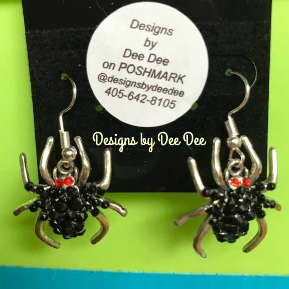 Silver Tone Hook Black Widow Drop Earrings